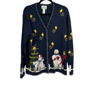 Quacker Factory Women’s Snowman Cardigan Sweater M Ramie Cotton Blend